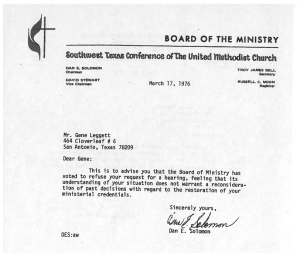 Letter rejecting Gene's request for a hearing after he was defrocked for coming out as a gay man.